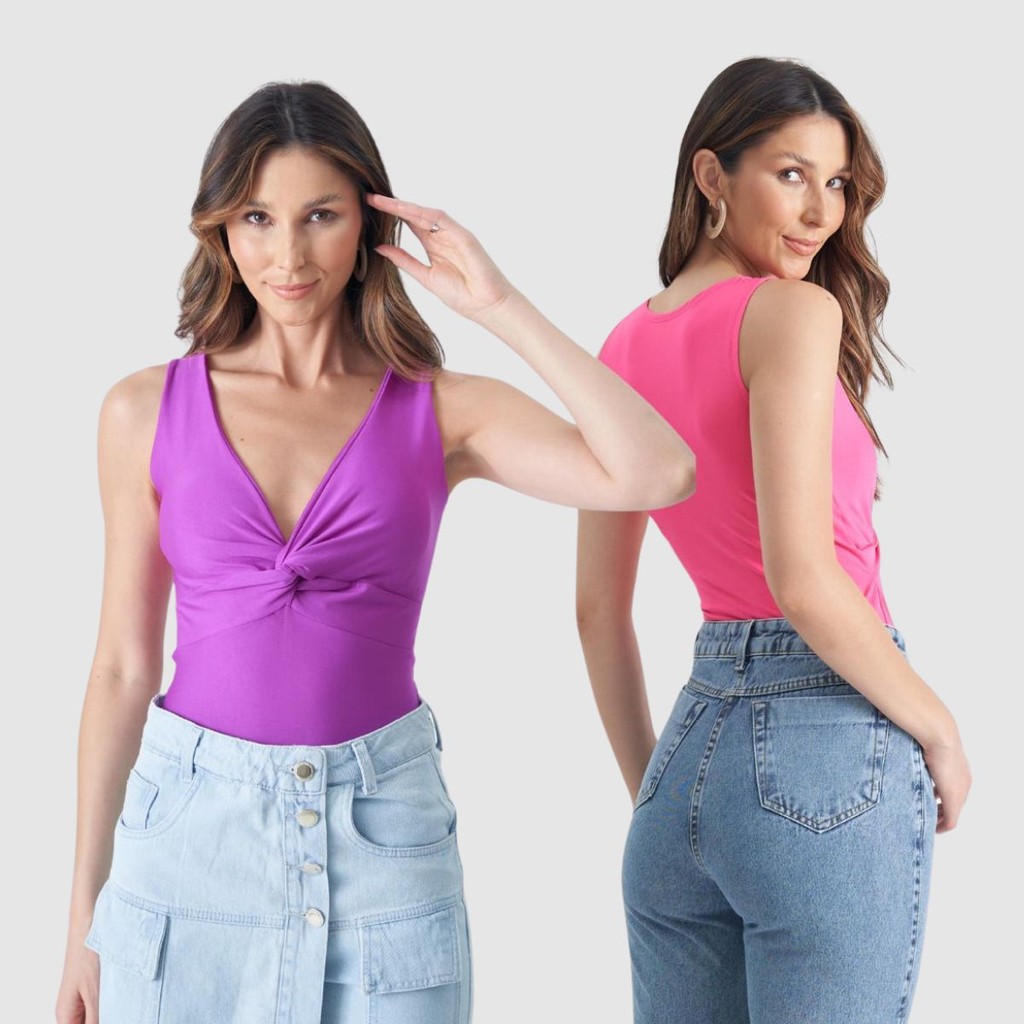 Kit 2 Body Blusa Regata Suplex Decote V Trançado Verão Top