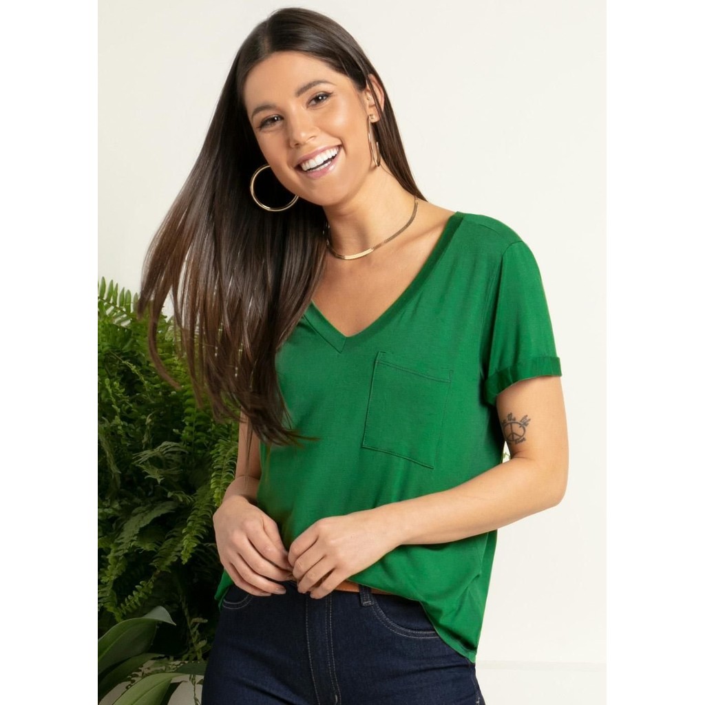 Blusa Com Decote V E Bolso Verde Quintess em Oferta na Shopee