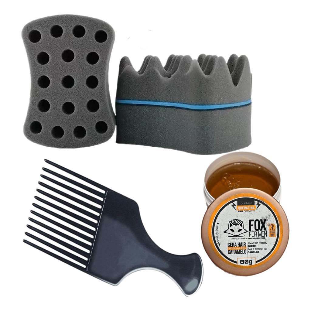 Kit Nudred Afro Hair Esponja Pomada Modeladora Pente Garfo