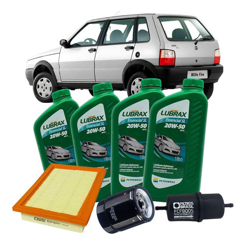 Kit Troca de Óleo e Filtros - Fiat Uno 1.0 1.5 1993 / 1996 1997 1998 1999 2000 2001 - 20W50 Lubrax