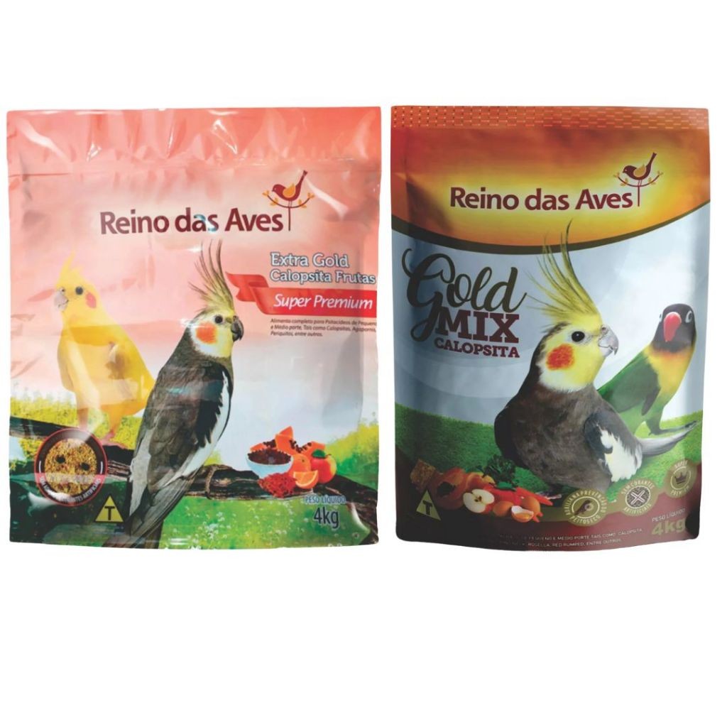 Kit 1 Un Calopsita Gold mix 4kg+ 1Un Extra Gold Calopsita Frutas 4kg- Reino das Aves