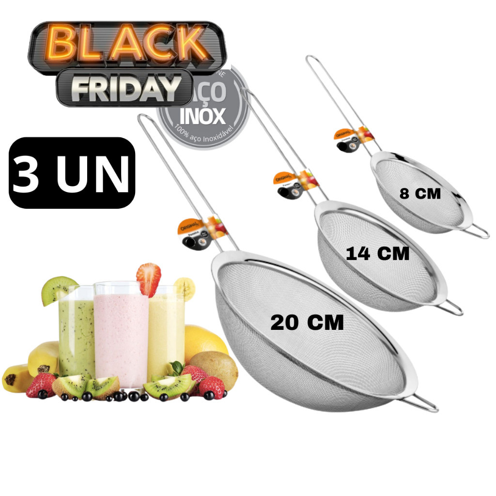 Kit 03 Peneira Coador Manual Em Aço Inox Para Cozinha 8cm 14cm 20cm