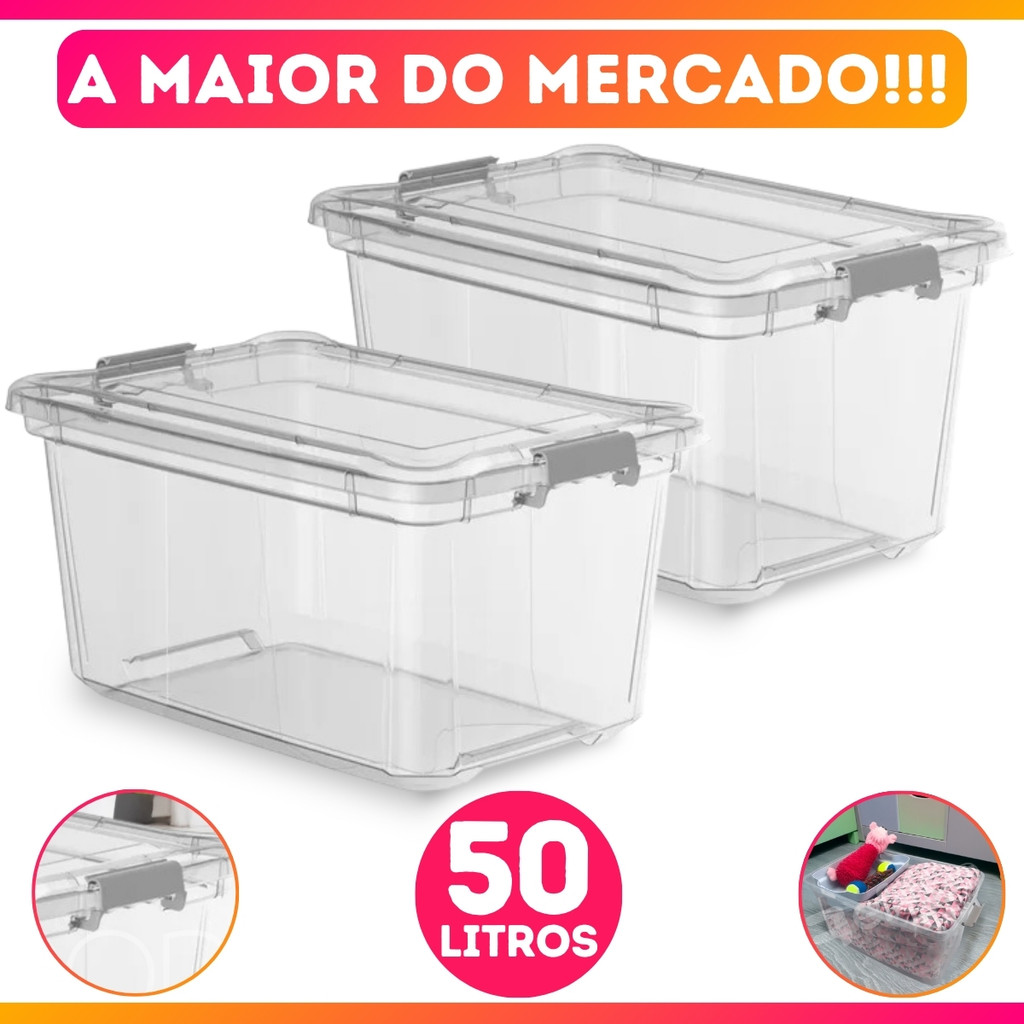 Kit 2 Caixa Organizadora Transparente Multiuso C/ Trava 50 Litros em Oferta na Shopee