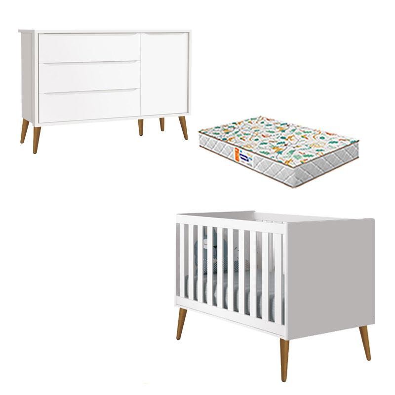 Berço Americano e Cômoda Infantil 1 Porta Theo Branco  Pés Amadeirados com Colchão Gazin – Reller