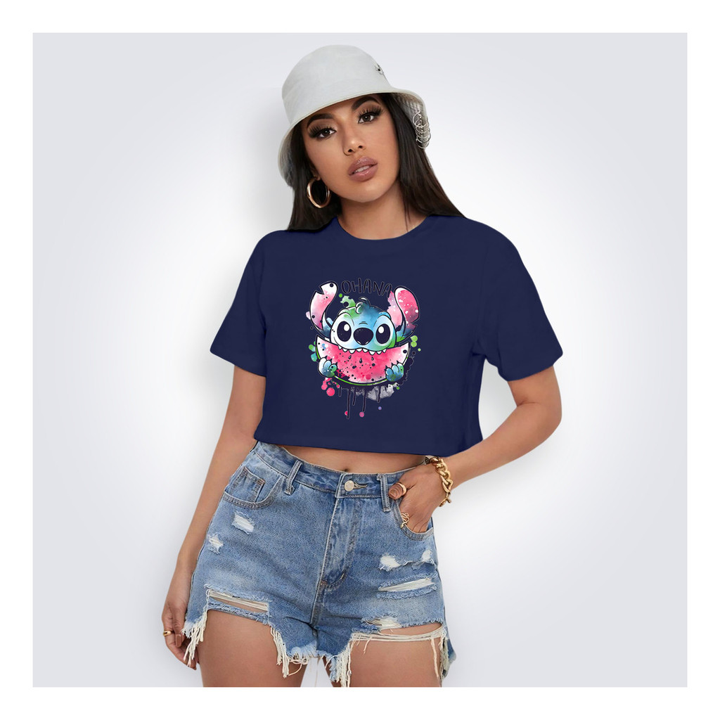 Blusa Cropped Sti-tch Ohana Algodão Premium Gola R Crop Fashion Casual Envio Imediato