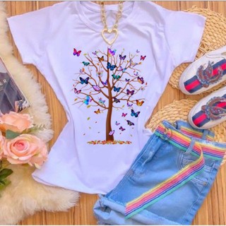 T-SHIRTS POLIÉSTER BRANCO ÁRVORE COM BORBOLETAS