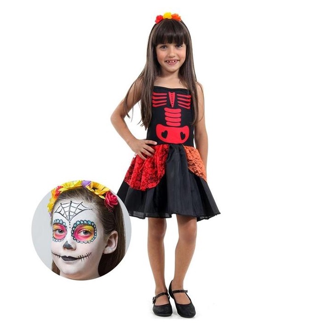 Fantasia de Halloween Infantil Caveira Mexicana Com Maquiagem