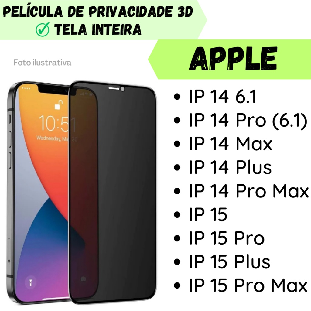 Película de Vidro de Privacidade para Apple IPHONE 14/ 14 Pro/ 14 Max/ 14 Plus/ 14 Pro Max/ 15/ 15 Pro/ 15 Plus/ 15 Pro Max/ Película Protetor de Tela.