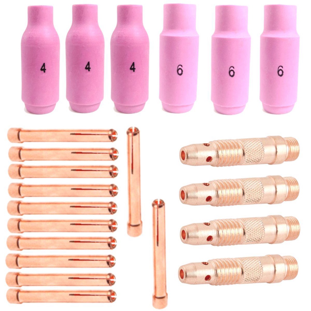 Kit TIG - 3 Bocais #4 - 3 Bocais #6 - 6 Pinça 1,6mm - 6 Pinça 2,4mm - 2 Difusor 1,6mm - 2 Difusor 2,4mm