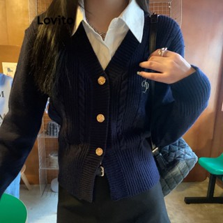 Lovito Casual Cardigã Feminino Liso com Fenda e Botão Frontal LNE27151 (Azul)