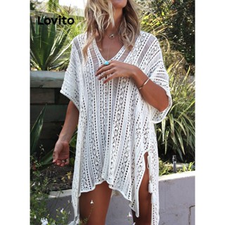 Lovito Casual Saída de Praia Simples Cut Out para Mulheres LNL36080 (Branco/Preto)