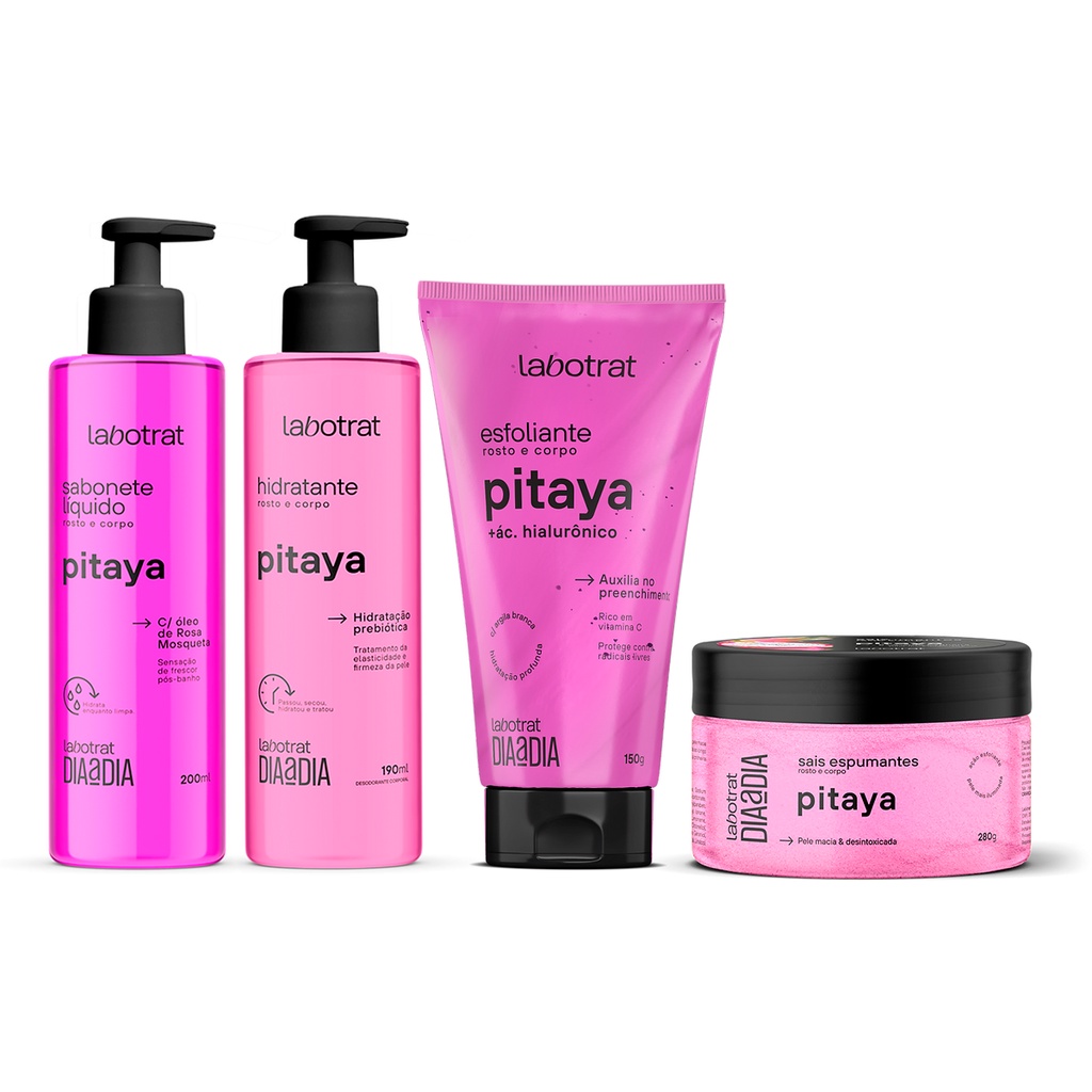 Labotrat Kit 4un Corpo e Rosto - 1un Sabonete + 1un Hidratante + 1un Esfoliante 150g + 1un Sais de Banho 280g - Pitaya