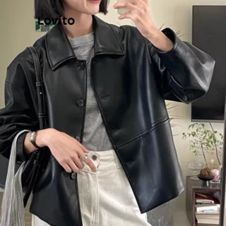 Lovito Casual Jaqueta Feminina Lisa com Botão Frontal LNE30130 (Preto)