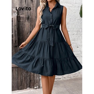 Lovito Vestido com Amarração e Botões para Mulheres LBE04148 (Azul Marinho)