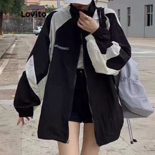 Lovito Casual Jaqueta Feminina de Patchwork com Cordão Zíper e Bolso LNE15053 (Preta)