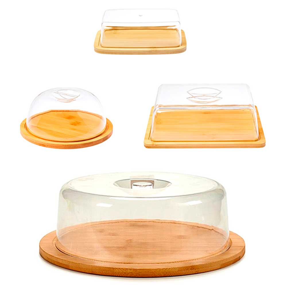Jogo porta manteiga frios queijo bolo bambu com tampa pote alimento manteigueira queijeira mesa geladeira cozinha café frutas doces tortas pães bamboo