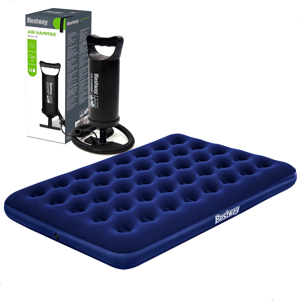 Colchão Camping Casal Inflável Azul Bestway Suporta 300kgs + Bomba De Ar