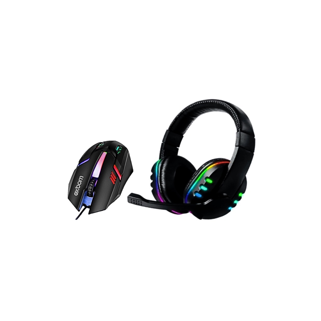 Kit Fone de Ouvido Headset Gamer Preto + Mouse Gamer Com Fio Led Microfone USB 4D Fighter