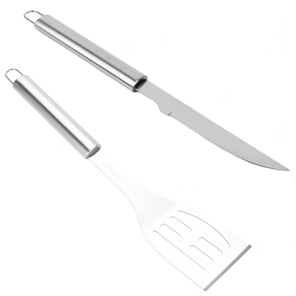 Kit churrasco faca longa e espátula vazada inox fritura lanche carne grelha churrascaria corte lamina utensilio cozinha ovo omelete churrasqueira