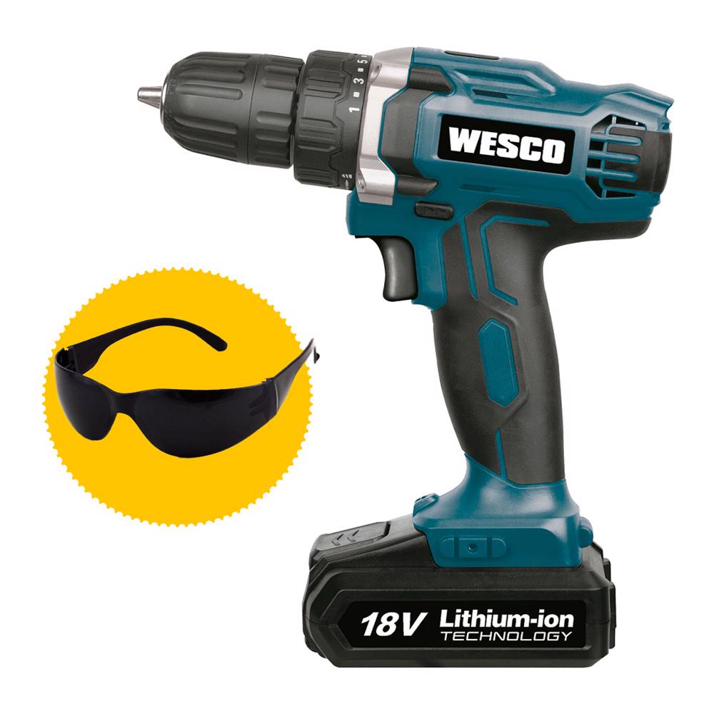 Parafusadeira & Furadeira 10mm a Bateria 18v Wesco WS2972 + Óculos De Proteção Deltaplus