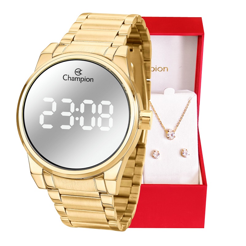 Relógio Champion Feminino Digital Espelhado Dourado Original + Kit Colar e Brincos CH40124B