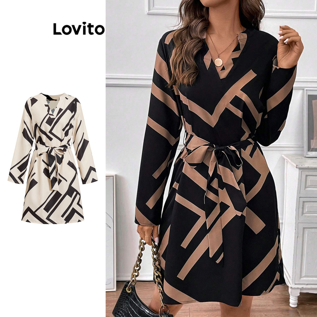 (Trendy) Lovito Vestido Casual Vestido Geométrico Com Cadarço Para Mulheres LBL11133 (Multicolorido) - Women Clothes