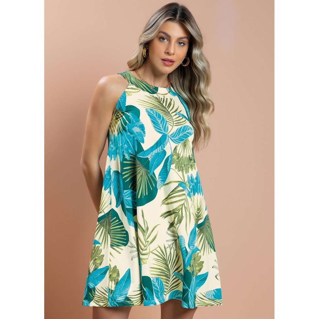 Vestido Em Malha Fria Folhagens Bege Quintess em Oferta na Shopee
