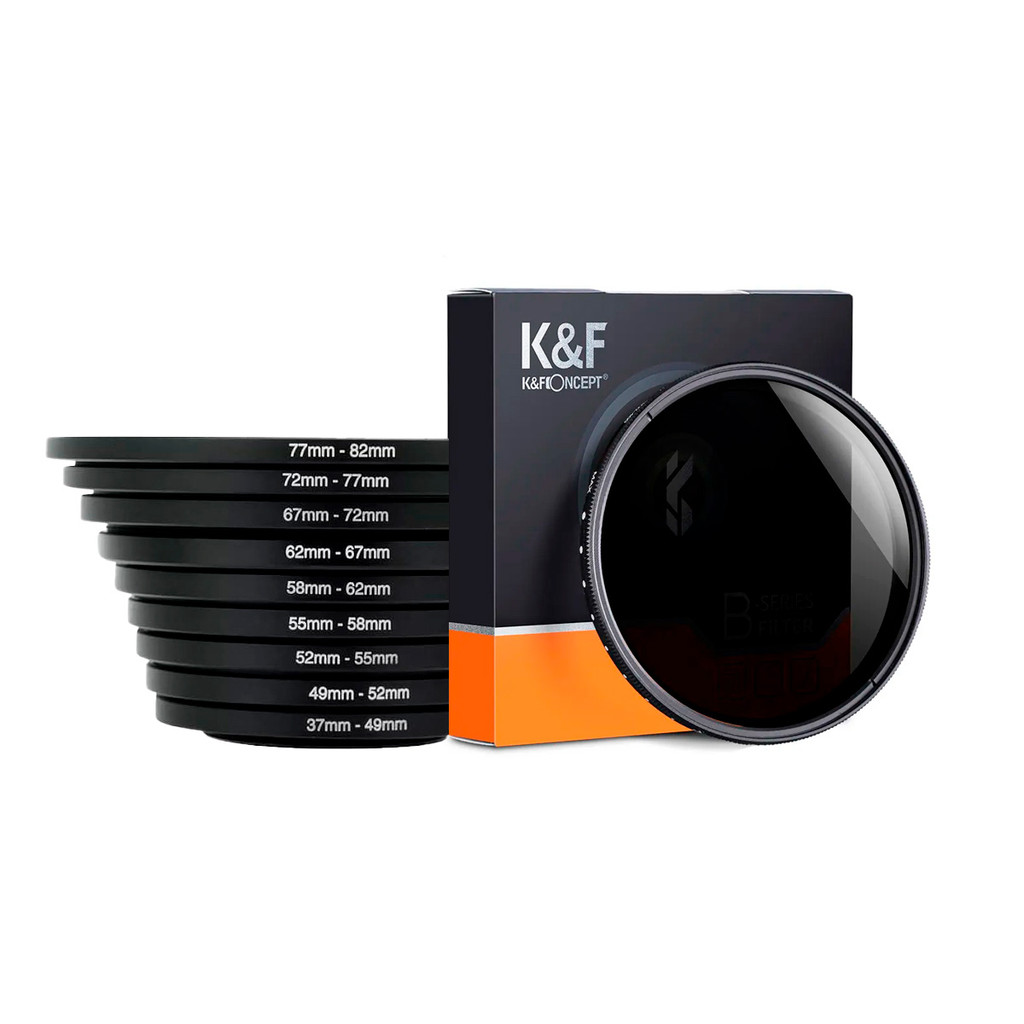 Kit Filtro ND2-400 Variável K&F 82mm + 9 Anéis Adapt. StepUp