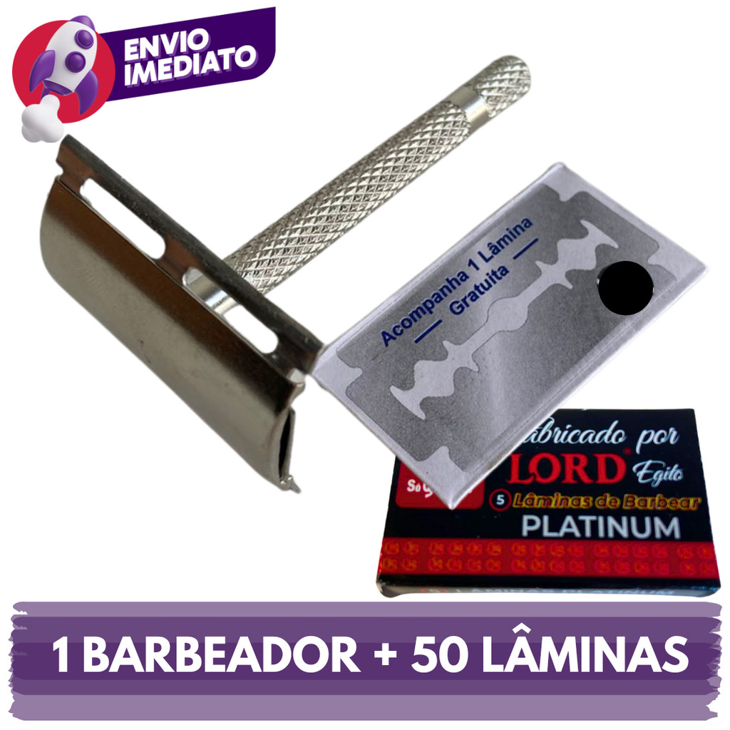 Kit 01 Aparelho Barbeador Metal Clássico Manual Retrô + 30 ou 50 Lâminas Para Barbeador ou Navalha