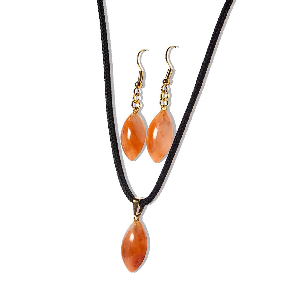 Conjunto Pingente e Brinco Quartzo Cherry Navete Dourado