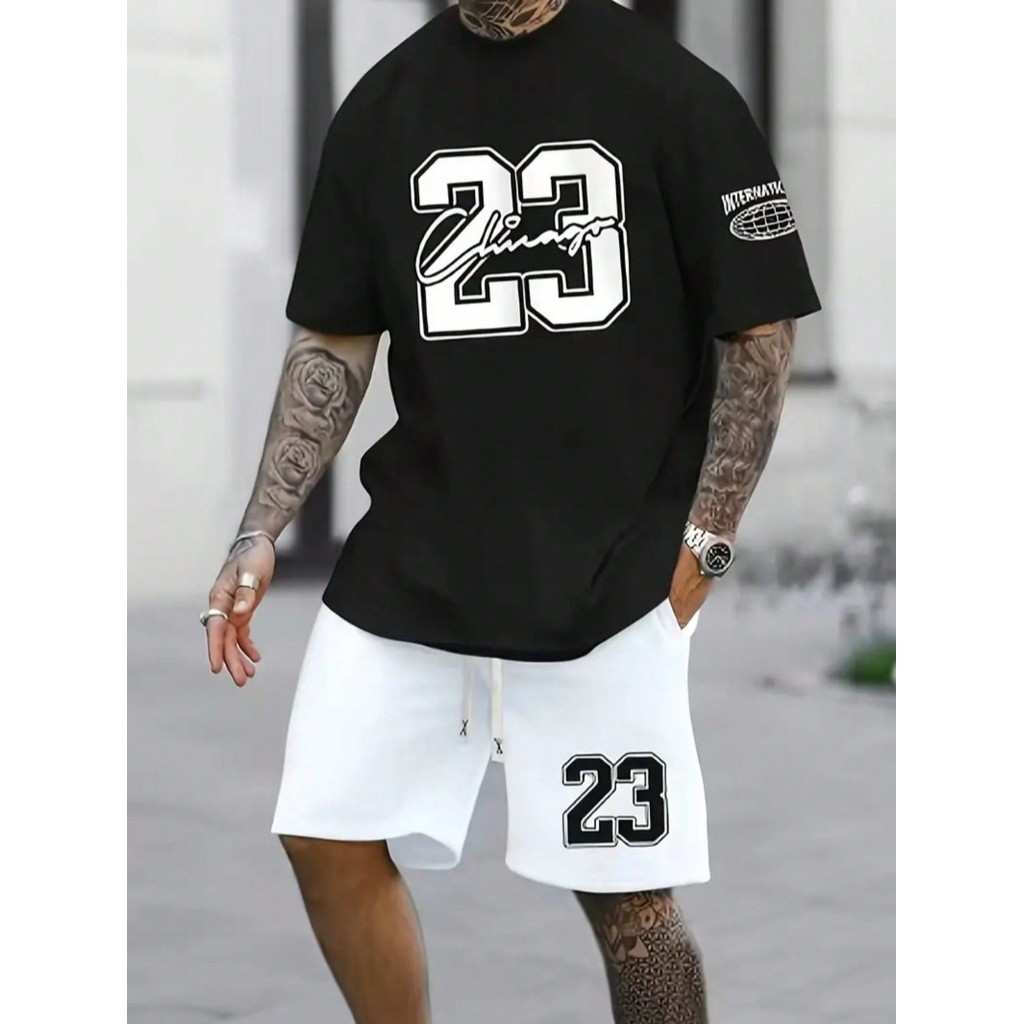 Kit Camiseta Preta + Bermuda Mauricinho Tactel Estilo Tumblr "Chicago 23 Internacional" - LANÇAMENTO