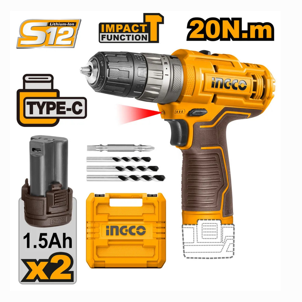 INGCO PARAFUSADEIRA E FURADEIRA 3/8 COM IMPAC A BATERIA 12V LINHA S12 COM 2 BATERIA PALITO 1.5AH USB