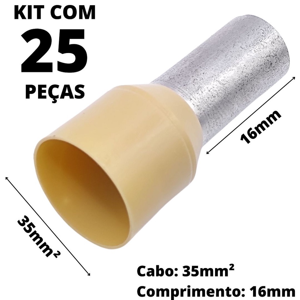 25un Terminal Tubular Ilhós Pré-isolado Simples Para Cabo de 35mm² Metal 16mm Bege E35-16