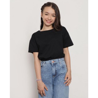 Blusa Juvenil Cropped Manga Curta Elástico Na Barra Preta