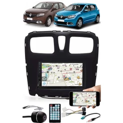 Multimídia Renault Logan Sandero 2015 à 2020 Espelhamento Bluetooth USB SD Card + Moldura + Chicotes + Câmera Ré