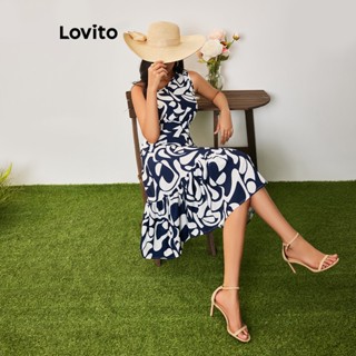 Lovito Casual Vestido Feminino com Estampa Tropical e Ombro de Fora LBA05130 (Azul)