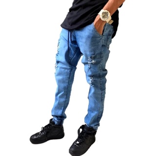 Calça Jeans Jogger  Masculino Em Sarja Slim Fit Lançamento C/punho Elastico Estilo Destroyed em Oferta na Shopee