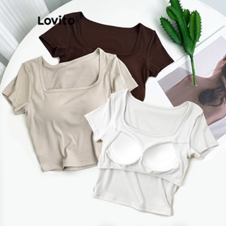 Lovito Casual Camiseta Feminina Lisa Básica LNE24089 (Cáqui/Café/Branco)