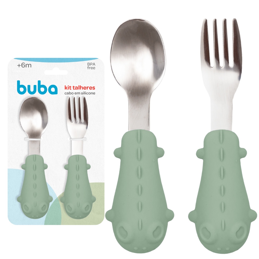 Kit Talheres Infantil Cabo Em Silicone Verde 15821 - Buba