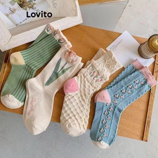 Lovito Meias Casuais Lisas Em Jacquard Colorblock Para Mulheres LNE38157 (Damasco/Rosa/Verde/Azul)