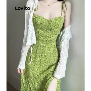 Lovito Casual Vestido com Fenda Frontal e Babado Floral para Mulheres LNE20019 (Verde Claro)