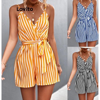 Lovito Macacão Boho Listrado Com Cinto Para Mulheres LNL39080 (Azul/Amarelo/Preto)