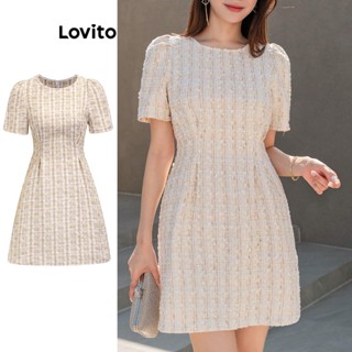 Lovito Casual Vestido Feminino Liso de Tweed L71ED168 (Branco/Rosa)