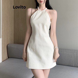 Lovito Casual Vestido Feminino Liso com Pérolas LNE33141 (Off White)