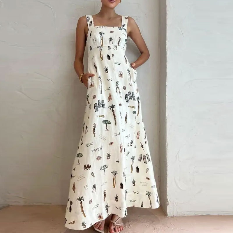 Novo estilo feminino temperamental commuter estampado sem mangas, vestido de estilingue sl...