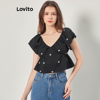 Lovito Casual Blusa Feminina Floral Alinhada com Manga Flutuante e Bainha de Babados L68ED020 (Preto)
