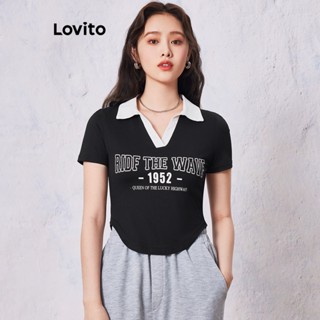 Lovito Casual Camiseta Feminina Cropped de Texto Colorblock com Bainha de Lenço LNE16057 (Preta)