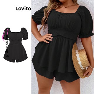 Lovito Plus Size Curve Casual Simples Camada Em Camada Smocked Macacões E Macacões Plus Size Para Mulheres LBL07157