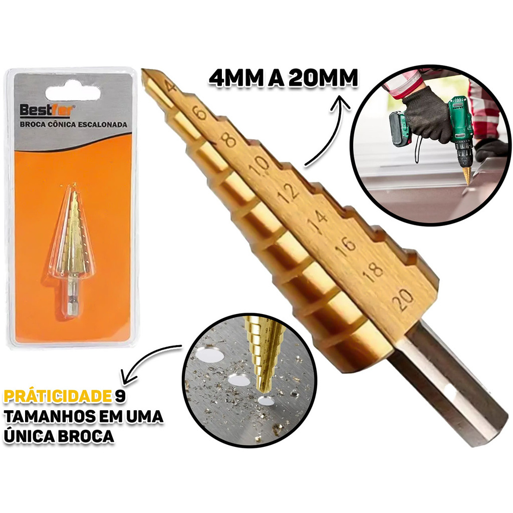 Broca Escalonada Cônica Aço Rápido 4 a 20mm Cortar Perfurar Chapa Alumínio em Oferta na Shopee