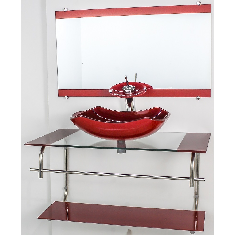 GABINETE DE VIDRO PARA BANHEIRO INOX 90CM CUBA ABAULADA VERMELHO CEREJA